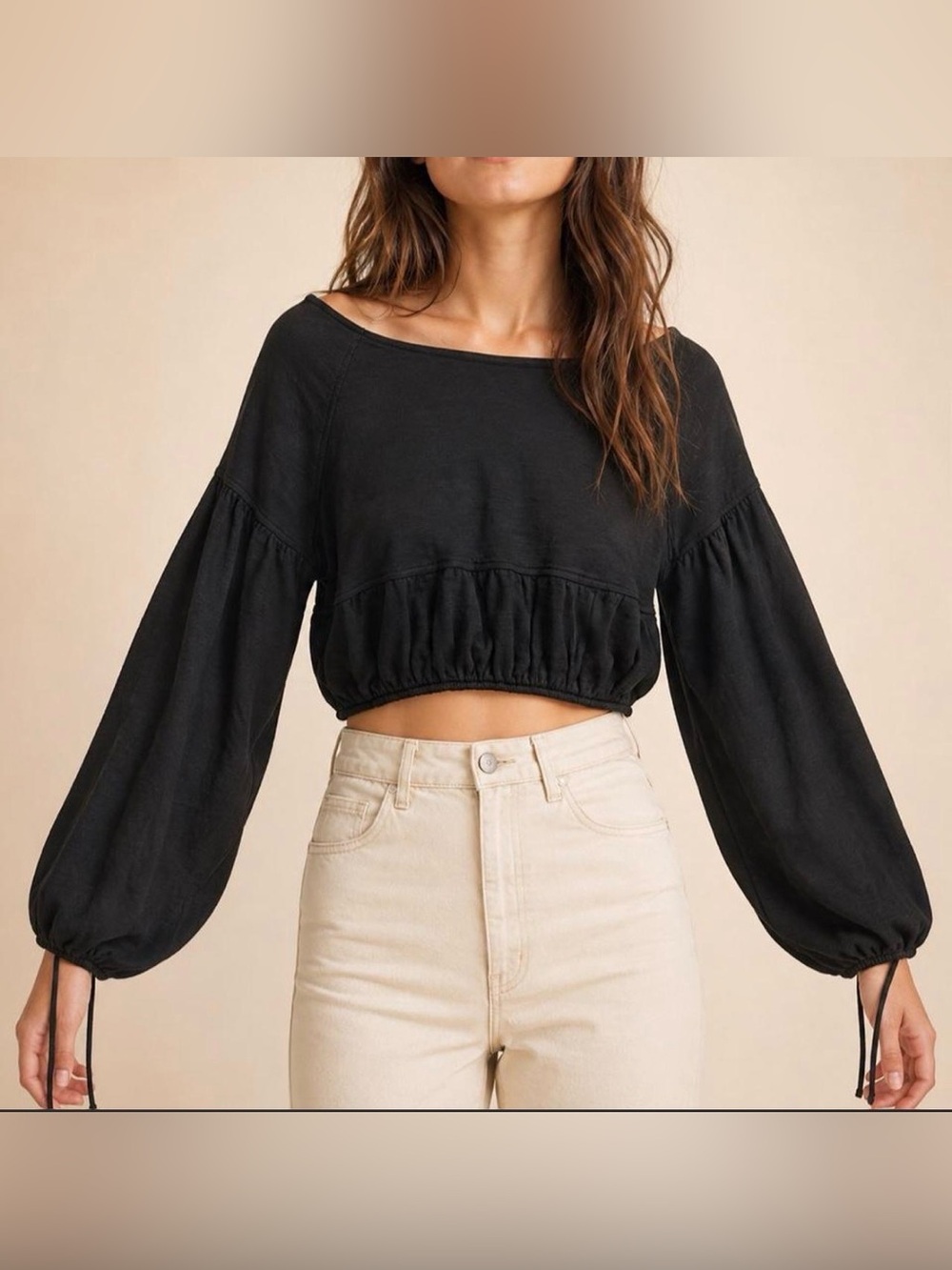 Aerie Oversized Black Cropped Balloon-Sleeve sweatshirt